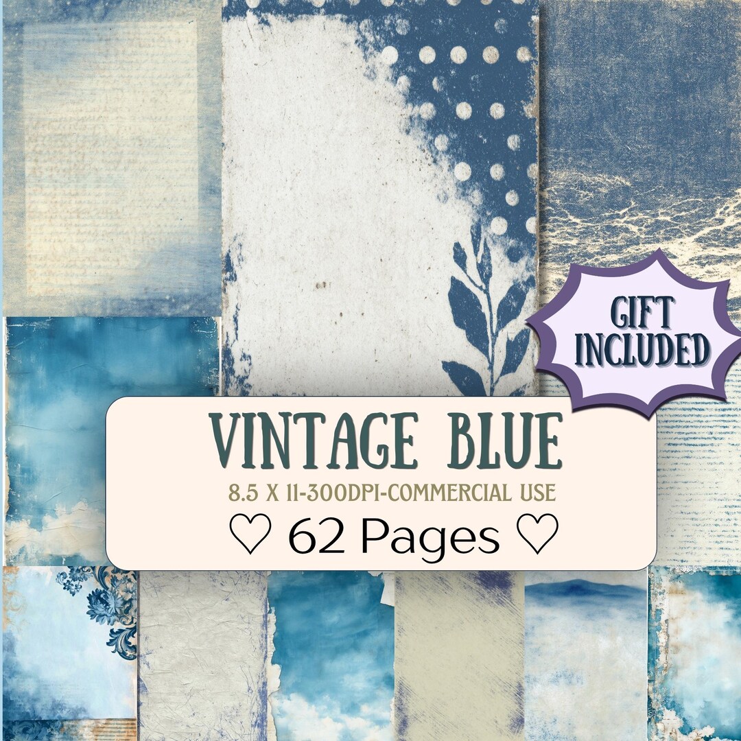 62 Vintage Blue Junk Journal Pages | Shabby Chic Printable Paper ...