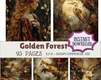 May include: Digital art prints featuring a woman with long, flowing hair, a heron, a fox leaping, a deer, and a dragonfly. The text "Golden Forest" and "Instant Download" are also visible. The prints are 8.5 x 11 inches and have 300 DPI.