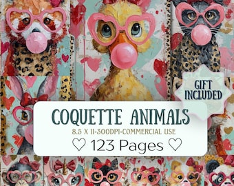 May include: A collection of whimsical animal illustrations, each wearing heart-shaped glasses and blowing bubblegum bubbles. The artwork features a red panda, duck, cat, and other animals. The text "COQUETTE ANIMALS" is displayed on a white banner, along with "123 Pages".