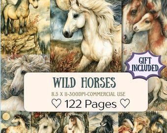 May include: A collection of watercolor illustrations featuring wild horses in various poses and settings. The images showcase horses in shades of brown, white, and black, with a backdrop of nature scenes. The text "WILD HORSES" is displayed, along with "122 Pages".