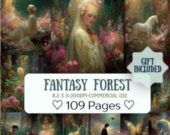 May include: A digital art collage with a fantasy theme. The image features multiple scenes of ethereal figures, unicorns, and floral elements. Text on the image reads "FANTASY FOREST" and "109 Pages". A gift tag is also included.