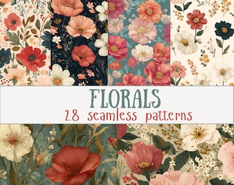 May include: A collection of floral seamless patterns in various designs. The patterns feature a variety of flowers in shades of red, pink, white, and blue. The text "FLORALS 28 seamless patterns" is displayed in a white rectangle.
