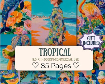 May include: A vibrant collage featuring tropical illustrations. Includes a woman in a floral dress, a dolphin, a flamingo, and various tropical flowers. The text "TROPICAL" and "85 Pages" are also visible.