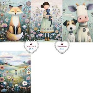 May include: A collection of whimsical art prints featuring a fox, a girl with a cat, a dog with a cow, and a girl in a field of flowers. Each print has a soft color palette and a dreamy aesthetic, perfect for nursery or children's room decor.