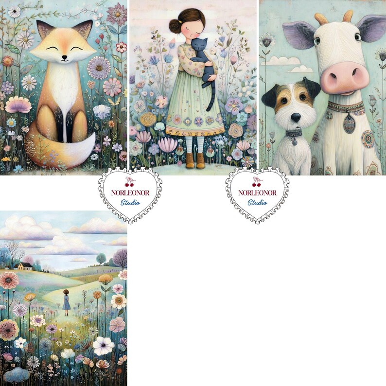 May include: A collection of whimsical art prints featuring a fox, a girl with a cat, a dog with a cow, and a girl in a field of flowers. Each print has a soft color palette and a dreamy aesthetic, perfect for nursery or children's room decor.