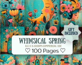 May include: A collection of whimsical spring-themed digital art prints. The artwork features vibrant colors, including turquoise, orange, and pink, with floral and celestial motifs. The text "WHIMSICAL SPRING" and "100 Pages" are displayed.