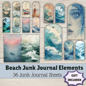 May include: A collection of 36 beach-themed junk journal sheets and tags. The tags feature watercolor illustrations of seascapes, boats, and a woman on the beach. The color palette includes blues, pinks, and greens. The text "Beach Junk Journal Elements" is displayed.