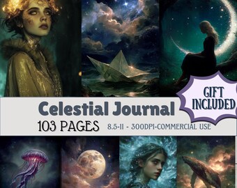 May include: A collection of digital art prints with a celestial theme. The images include a woman with a golden crown, a paper boat on water, a woman sitting on a crescent moon, a jellyfish, a full moon, a woman's portrait, and a whale. The text reads "Celestial Journal 103 Pages 8.5x11 - 300DPI-COMMERCIAL USE".