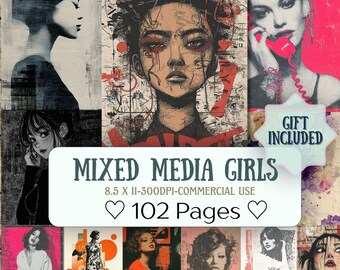 May include: A collection of mixed media art prints featuring portraits of women. The artwork includes various styles, with a focus on bold colors and expressive faces. The text on the image reads "MIXED MEDIA GIRLS" and "102 Pages".