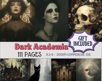 May include: A digital art collection with a dark academia theme. The image features portraits of women, a skull, and gothic architecture. Text includes "Dark Academia," "111 PAGES," and "GIFT INCLUDED."