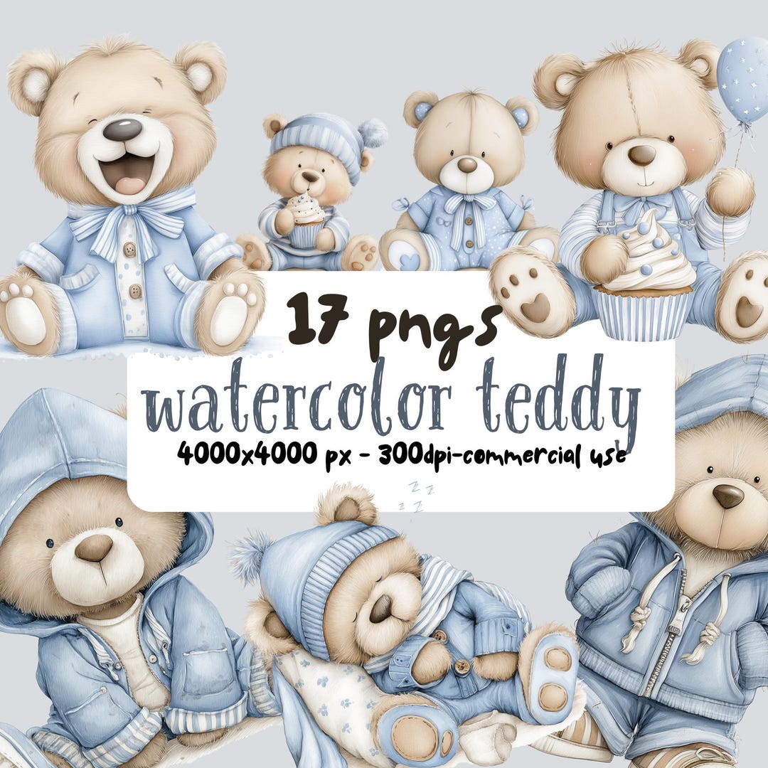 Watercolor Blue Teddy Bear Clipart PNG – Baby Boy Nursery Teddy Set ...