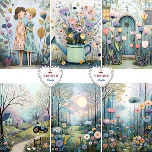 May include: A collection of six watercolor paintings featuring whimsical scenes. The artwork includes two figures, a watering can filled with flowers, a cottage with a floral arch, and landscapes with flowers, trees, and a tractor. The artist's studio name is visible.