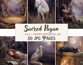 May include: A collection of digital art prints featuring mystical and fantasy themes. The images include a unicorn, a satyr playing a flute, a sleeping woman, a fox, and a black cat. The text "Sacred Pagan" is displayed on a banner.