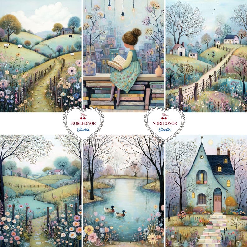 May include: A collection of six landscape paintings featuring whimsical scenes. Each painting depicts a different idyllic setting, including rolling hills, a girl reading, a pond with ducks, and a charming cottage. The color palette is soft and inviting.