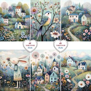 May include: A collection of six watercolor art prints featuring whimsical landscapes. Each print showcases colorful houses, flowers, and pathways. One print features a bird perched on a branch, and another depicts a rabbit holding a flower. The prints are from Norleonor Studio.