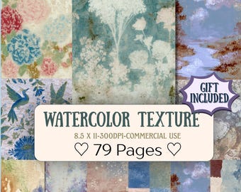 May include: A collage of watercolor textures in various colors, including floral and landscape designs. The image features the text "Watercolor Texture" and "79 Pages". A gift is included.