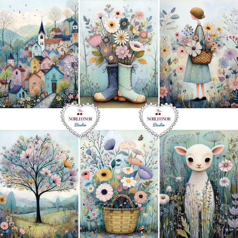 May include: A collection of six watercolor paintings featuring spring and floral themes. The images include a village scene, flowers in boots, a girl with a basket of flowers, a flowering tree, a basket of flowers, and a lamb in a field.