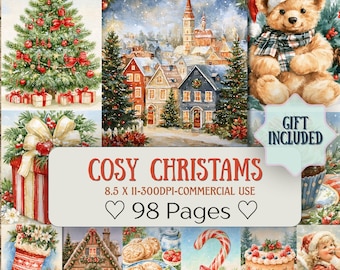 98 Vintage Christmas Junk Journal Pages Printable | Cozy Whimsical Holiday Digital Paper Kit | Retro Christmas Ephemera Scrapbook Download