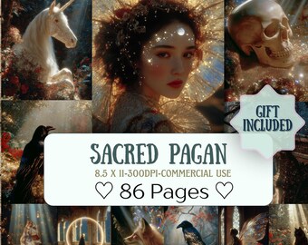 May include: A digital art collage with a mystical theme, featuring a woman with a celestial halo, a unicorn, a skull, and a raven. The text "Sacred Pagan" is displayed, along with "86 Pages". The image has a fantasy aesthetic with a "Gift Included" badge.