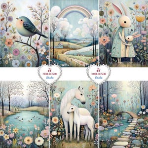 May include: A collection of six watercolor art prints featuring whimsical scenes. The prints depict a bird on a branch, a rainbow over a landscape, a mother and child bunny, a pond with ducks, a mother horse and foal, and a stream with a stone bridge. The prints are signed "NORLEONOR Studio".