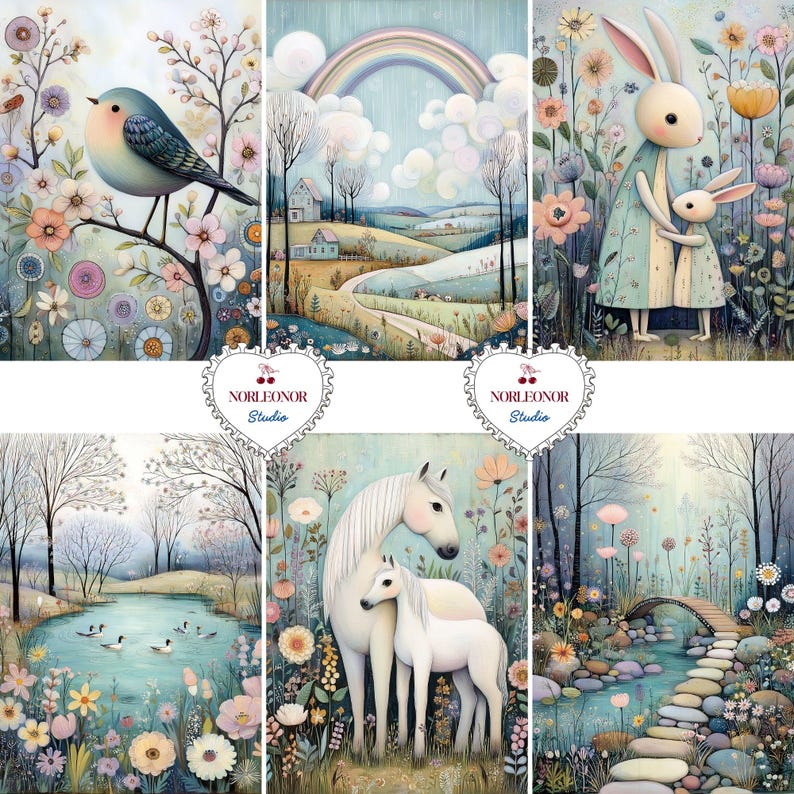 May include: A collection of six watercolor art prints featuring whimsical scenes. The prints depict a bird on a branch, a rainbow over a landscape, a mother and child bunny, a pond with ducks, a mother horse and foal, and a stream with a stone bridge. The prints are signed "NORLEONOR Studio".