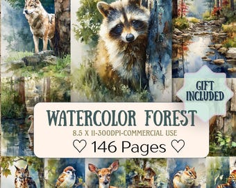 May include: Watercolor forest art print collection featuring woodland animals like a wolf, raccoon, owl, deer, and chipmunk. The text "Watercolor Forest" is displayed, along with "146 Pages" and "Gift Included". The art is 8.5 x 11 inches.