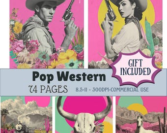 May include: A collage featuring vintage-style images with a pop art aesthetic. The top row shows a man and woman in cowboy hats holding guns against a pink background. The bottom row includes a train, a skull, and a white horse. Text reads "Pop Western".
