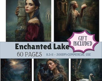 May include: A digital art print titled "Enchanted Lake" with 60 pages. The artwork features fantasy scenes of women, mermaids, and animals in a mystical lake setting. The print is 8.5 x 11 inches and suitable for commercial use.