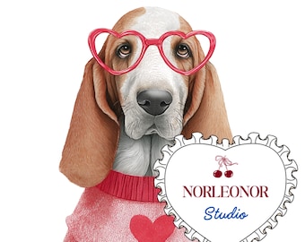 May include: A Basset Hound illustration wearing heart-shaped glasses and a pink sweater with red hearts. A white heart-shaped graphic with the text "NORLEONOR Studio" is on the right side of the dog.