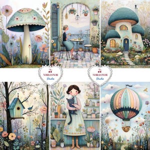 May include: A collection of whimsical watercolor illustrations featuring mushroom houses, a woman on a balcony, a girl with a cat, a hot air balloon, and a birdhouse. The artwork has a soft color palette with floral and nature elements.