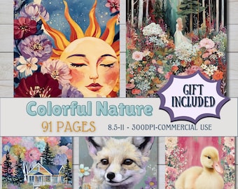 May include: A digital coloring book titled Colorful Nature with 91 pages, featuring illustrations of a sun and moon, a forest scene, a house by a lake, a fox, and a duckling, with text stating 8.5-11, 300DPI-COMMERCIAL USE and GIFT INCLUDED.