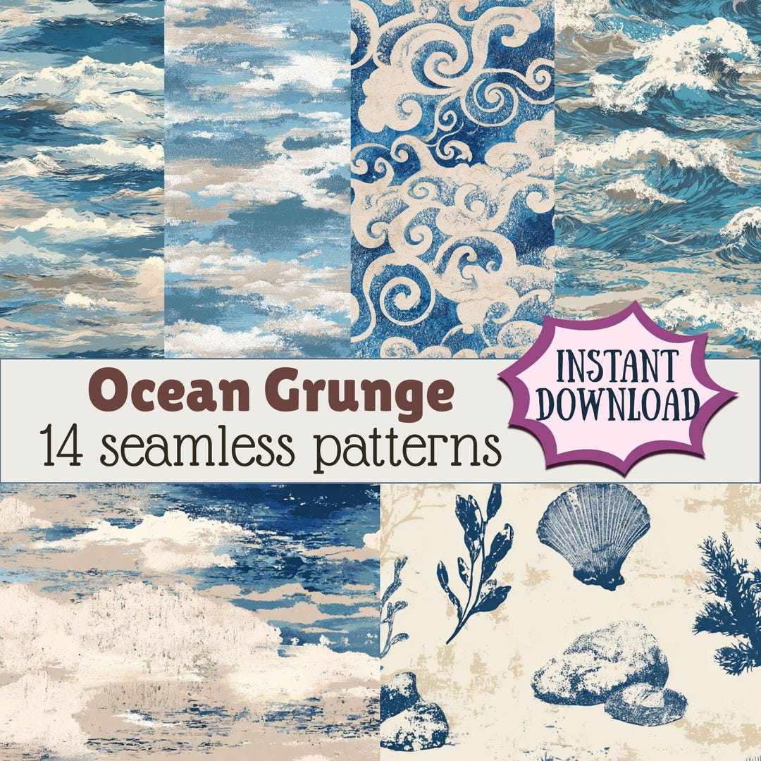 Blue Grunge Seamless Patterns 14 Pack | Vintage Ocean Texture Digital ...