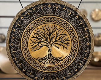 Handcrafted Tree of Life Tibetan Gong - 7 Metals Sound Healing, Meditation, Yoga & Energy Cleansing