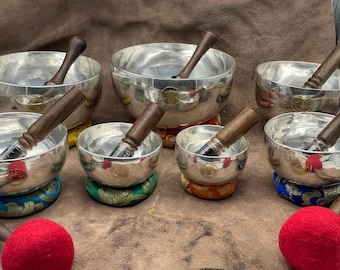 Silver-Plated Sun Moon Singing Bowl Set of 7 - Handmade Tibetan Meditation and Sound Healing