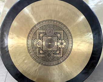 Gong tibetano de geometría sagrada: gong de sanación sonora del Himalaya, hecho a mano con 7 metales y mazo.