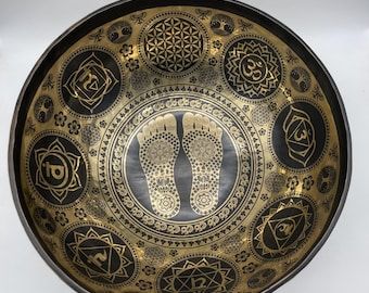 Extra Large Sacred Feet And Flower Of Life Carving Singing Bowl-Handmade Tibetan Singing Bowl for Meditation, Chakra Healing & Sound Therapy