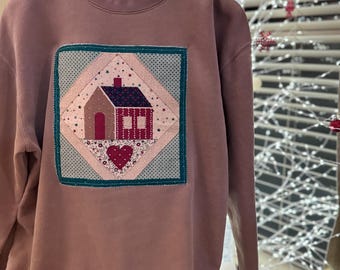 Upcycled One of a Kind Quilted Sweatshirt | Home and Heart Vintage Panel | Handmade Patchwork Pullover | Cottagecore Clothing for Women
