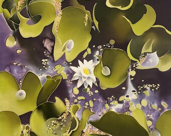 May include: A painting depicting a single white water lily with a yellow center surrounded by numerous large, rounded green lily pads floating on a deep purple and dark violet water surface, with small scattered aquatic plants and the initials LD.