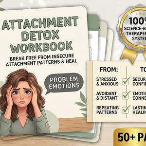 May include: An "Attachment Detox Workbook" with a distressed woman illustration. The workbook promises to help break free from insecure attachment patterns and heal. Includes a gold seal that says "100% Science-Based Therapeutic System".
