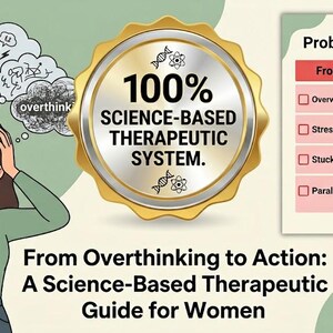 May include: An image shows a woman looking stressed, with thought bubbles above her head. The image promotes a science-based therapeutic system, with text reading "From Overthinking to Action: A Science-Based Therapeutic Guide for Women."