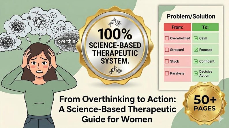 Może przedstawiać: Ilustracja kobiety z dymkami myślowymi z napisem "overthink". Obraz promuje oparty na nauce system terapeutyczny z tekstem "From Overthinking to Action: A Science-Based Therapeutic Guide for Women."