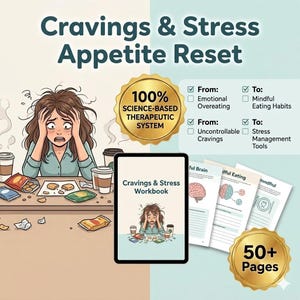 May include: An illustration promoting a "Cravings & Stress Appetite Reset" program. The image features a stressed person, a tablet displaying a workbook, and several pages. Text includes "100% Science-Based Therapeutic System" and "50+ Pages."