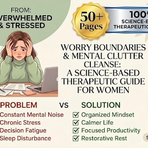 Könnte beinhalten: Eine Illustration, die für einen wissenschaftlich fundierten Therapie-Ratgeber für Frauen wirbt. Das Bild zeigt eine gestresste Frau, Text, der den Fokus des Ratgebers auf Sorgenbegrenzungen und die Reinigung von mentalem Ballast hervorhebt, sowie eine Liste von Problemen und Lösungen.