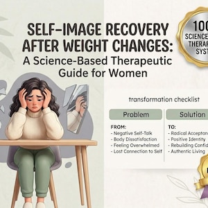 Op de afbeelding: Illustratie van een vrouw met haar handen in haar haar, zittend aan een tafel. De afbeelding promoot "Self-Image Recovery After Weight Changes" met een wetenschappelijk onderbouwde therapeutische gids. Inclusief een transformatie checklist en een gouden zegel.