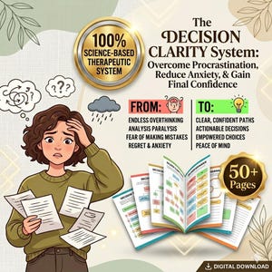 May include: An illustrated advertisement for "The Decision Clarity System." The image features a distressed person holding papers, with text indicating the system helps overcome procrastination and anxiety. The ad includes a gold seal that says "100% Science-Based Therapeutic System."