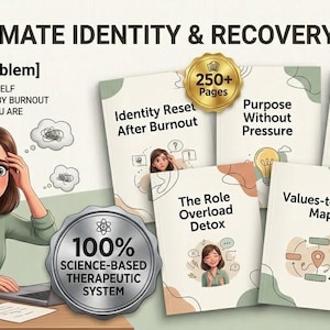 Könnte beinhalten: Illustration für "Das ultimative Identitäts- & Recovery-Bundle" mit einer gestresst aussehenden Frau und Gedankenblasen. Das Bundle enthält Ratgeber wie "Identitäts-Reset nach Burnout" und "Selbstvertrauen-Wiederaufbau-Plan".