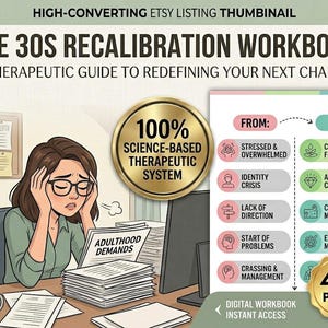 May include: Digital workbook titled "The 30s Recalibration Workbook" with a stressed woman at a desk. The workbook promises to redefine your next chapter with a science-based therapeutic system. Includes a list of problems and solutions, and states it has 40+ pages.