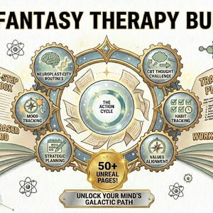 Może przedstawiać: Pakiet terapii fantasy, kolekcja zeszyt&oacute;w ćwiczeń i planer&oacute;w. Obraz zawiera tekst "The Fantasy Therapy Bundle" i "Unlock Your Mind's Galactic Path". Pakiet zawiera sekcje dotyczące śledzenia nastroju, śledzenia nawyk&oacute;w i arkuszy roboczych CBT.