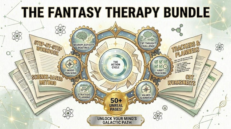 Może przedstawiać: Pakiet terapii fantasy, kolekcja zeszyt&oacute;w ćwiczeń i planer&oacute;w. Obraz zawiera tekst "The Fantasy Therapy Bundle" i "Unlock Your Mind's Galactic Path". Pakiet zawiera sekcje dotyczące śledzenia nastroju, śledzenia nawyk&oacute;w i arkuszy roboczych CBT.