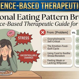 Könnte beinhalten: Illustration für einen wissenschaftsbasierten Therapie-Leitfaden. Das Bild zeigt eine Frau mit den Händen am Kopf, umgeben von Bildern von Lebensmitteln und Textblasen mit den Worten "Schuld", "Stress" und "Unkontrollierbares Verlangen". Der Leitfaden ist für Frauen.